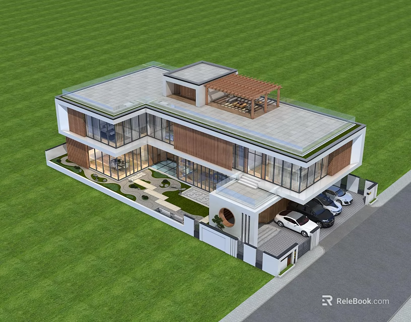 Modern Detached Villa With Large Glass Windows Green Lawn And Wooden Pergola Roof 3d model 