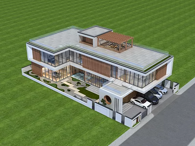Modern Detached Villa With Large Glass Windows Green Lawn And Wooden Pergola Roof 3d model