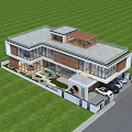 Modern Detached Villa With Large Glass Windows Green Lawn And Wooden Pergola Roof