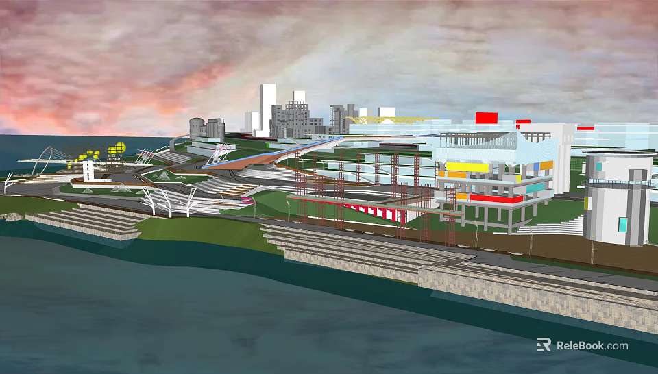 Waterfront Landscape Design With Modern Buildings Walkways Green Spaces And City Skyline 3d model 