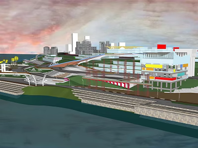 Waterfront Landscape Design With Modern Buildings Walkways Green Spaces And City Skyline 3d model