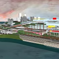 Waterfront Landscape Design With Modern Buildings Walkways Green Spaces And City Skyline