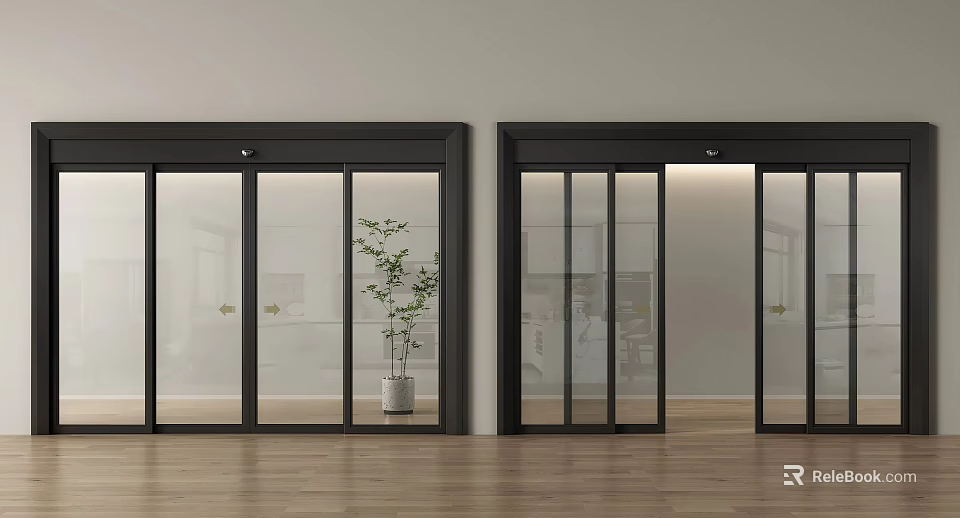 Modern Glass Sliding Doors With Black Frames Transparent Glass White Vase Green Plant 3d model 