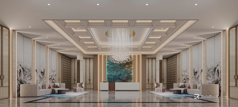 Luxurious Hotel Lobby Interior With Grand Chandelier Reception Desk And Decorative Wall Marble Flooring 3d model 
