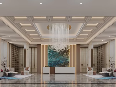 Luxurious Hotel Lobby Interior With Grand Chandelier Reception Desk And Decorative Wall Marble Flooring 3d model