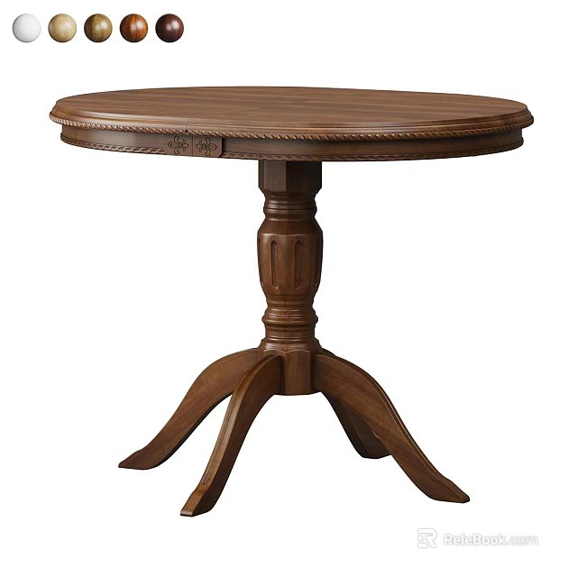Traditional Wooden Round Dining Table Set With Carved Edge And Three Legged Base 3d model 
