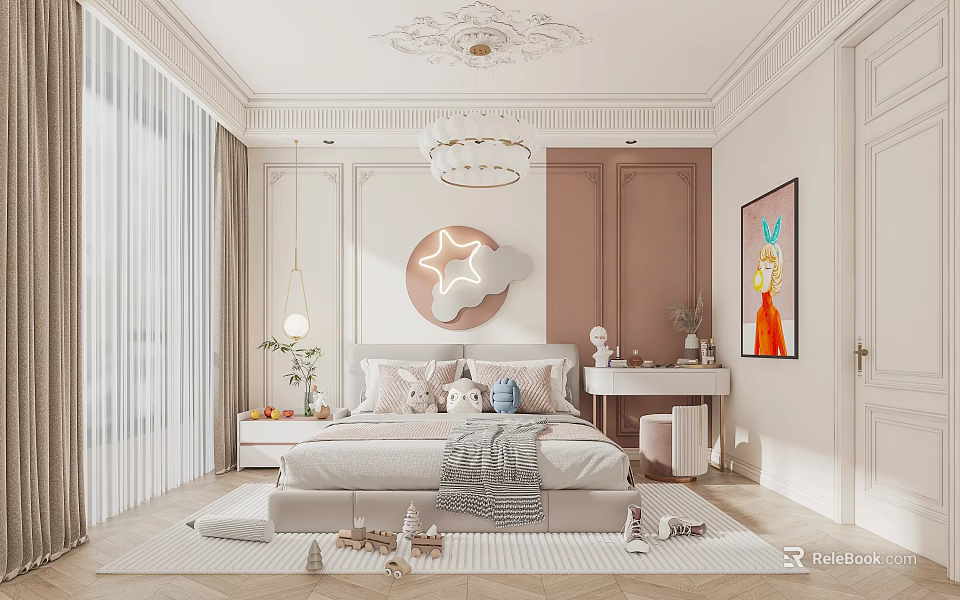 Cozy Kids Room Interior With Bed Circular Mirror Chandelier White Curtains And Toys On Rug 3d model 