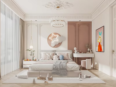 Cozy Kids Room Interior With Bed Circular Mirror Chandelier White Curtains And Toys On Rug 3d model