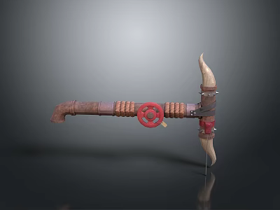 3D Model Battle Axe Equipment With Wooden Handle Red Wheel And Horn Shaped Design 3d model