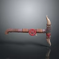 3D Model Battle Axe Equipment With Wooden Handle Red Wheel And Horn Shaped Design