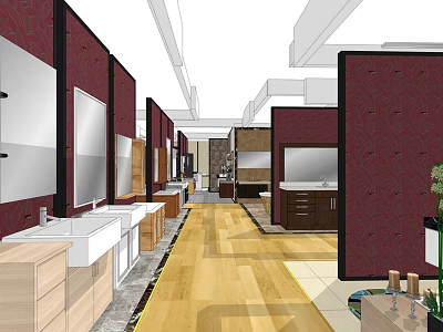 Modern Public Restroom Interior With White Sinks Mirrors And Wooden Flooring 3d model
