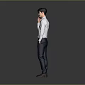 A Man Talking On The Phone Wearing White Shirt Dark Blue Pants And Red Shoes