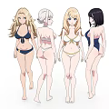 Anime Style Women in Bikini Outfits with Different Hairstyles and Poses