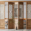 Chinese Style Wooden Room Divider With Carved Patterns And Glass Panels For Interior Decoration