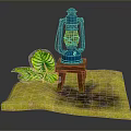 Wooden Stool With Blue Kerosene Lamp And Green Leaf On Yellow Textured Ground