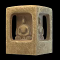 Rough Stone Carving Sculpture With Cube Structure And Seated Meditating Figures 3d model