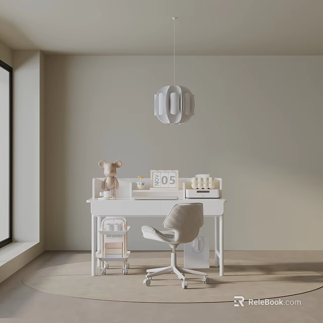 White Modern Bookshelf In Beige Wall Study Room With Teddy Bear Calendar And Pendant Light 3d model 