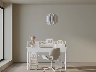 White Modern Bookshelf In Beige Wall Study Room With Teddy Bear Calendar And Pendant Light 3d model