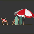 Red And White Striped Sofa Stool On Sandy Ground With Umbrella And Green Sign