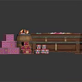 Wooden Table With Divided Compartments Holding Colorful Candies Pink Boxes Small Jars And Wooden Barrel