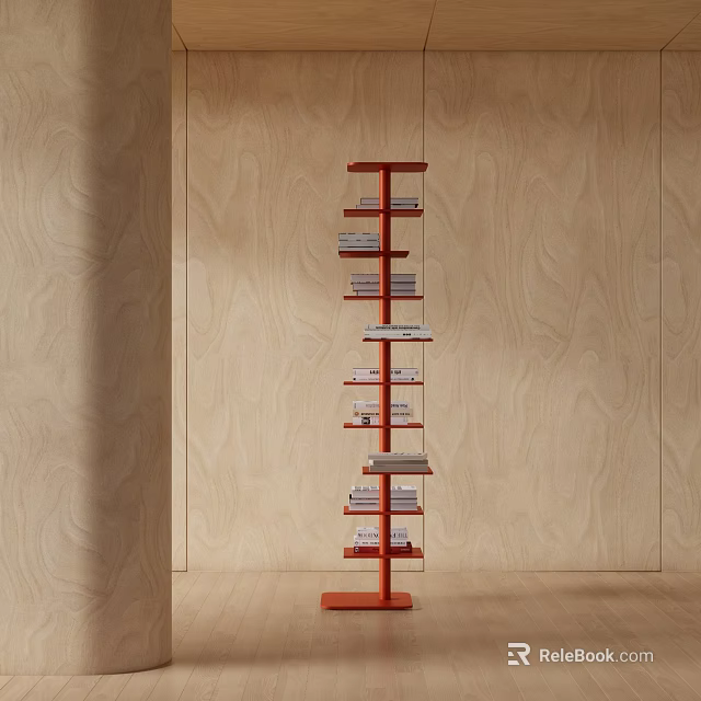 Tall Red Bookcase With Multiple Shelves And Books Against Light Wood Grain Wall 3d model 
