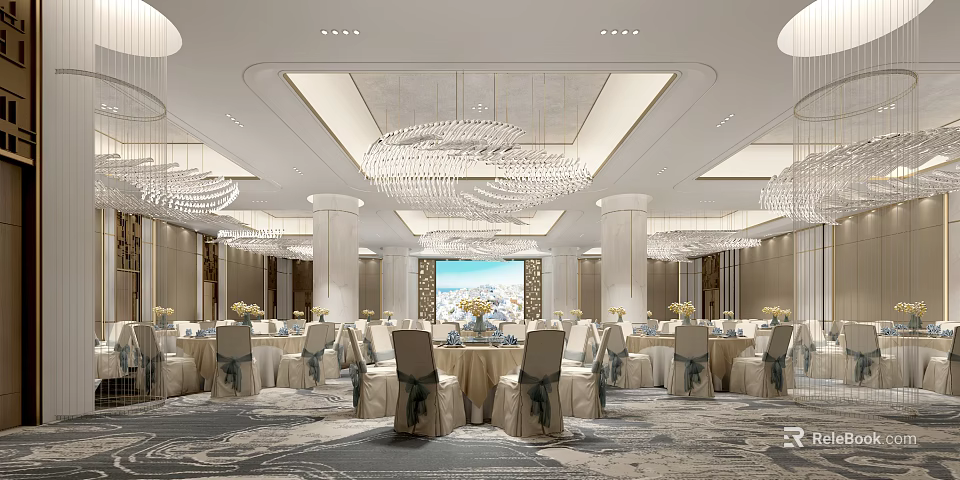 Luxurious Banquet Hall Interior With Crystal Chandeliers Round Tables And Decorative Carpet 3d model 