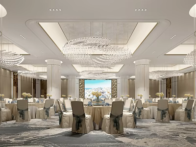 Luxurious Banquet Hall Interior With Crystal Chandeliers Round Tables And Decorative Carpet 3d model