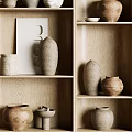 Ceramic Vessels Display On Wooden Shelves With Various Shapes And Textures