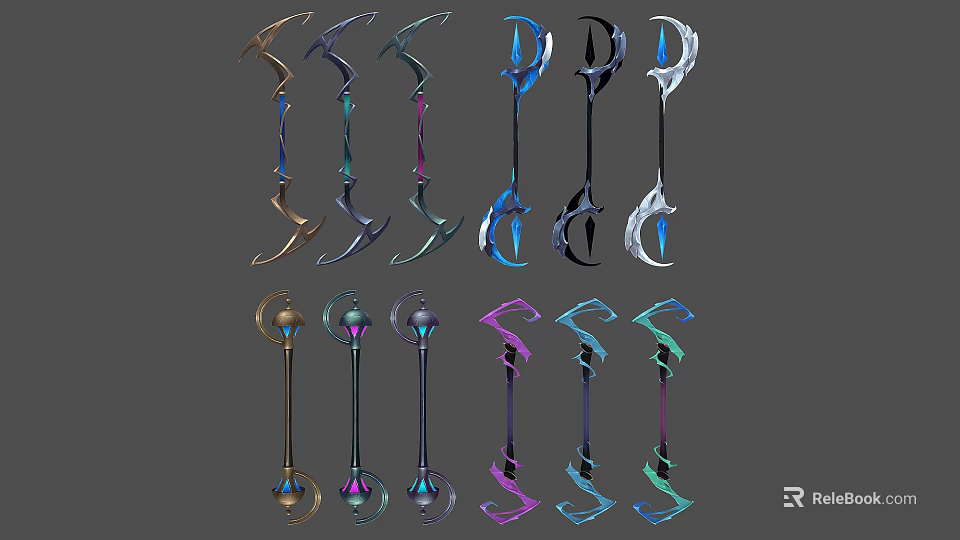Colorful Fantasy Weapons Collection With Intricate Designs Featuring Swords Bows And Staffs 3d model 