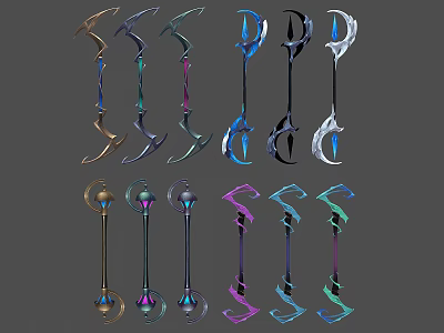 Colorful Fantasy Weapons Collection With Intricate Designs Featuring Swords Bows And Staffs 3d model