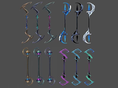 Colorful Fantasy Weapons Collection With Intricate Designs Featuring Swords Bows And Staffs 3d model
