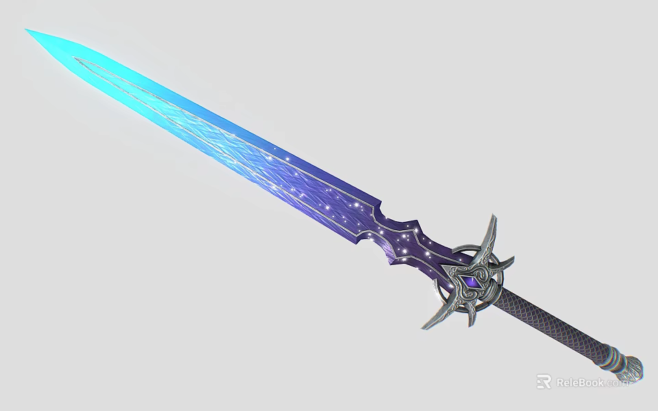 Glowing Blue Mythical Sword With Intricate Patterns And Decorative Star Hilt 3d model 