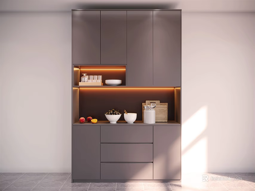 Modern Gray Sideboard With LED Lighting Open Shelf Drawers And Decorative Items 3d model