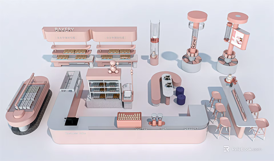 Pink Bakery Display Shelves With Multi layer Racks And Modern Counter Design 3d model 