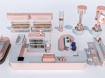 Pink Bakery Display Shelves With Multi layer Racks And Modern Counter Design 3d model