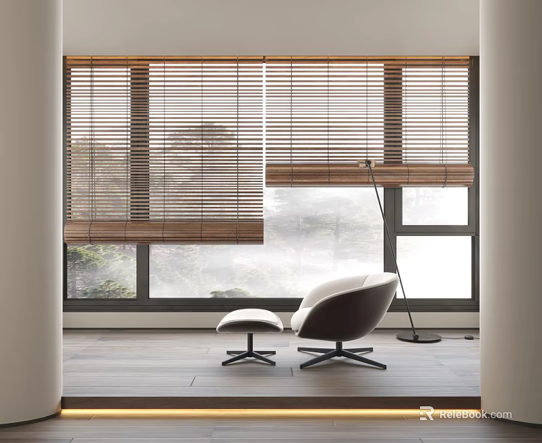 Wooden Window Blinds in Modern Interior with Chair Ottoman Floor Lamp and Misty View 3d model 