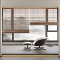 Wooden Window Blinds in Modern Interior with Chair Ottoman Floor Lamp and Misty View