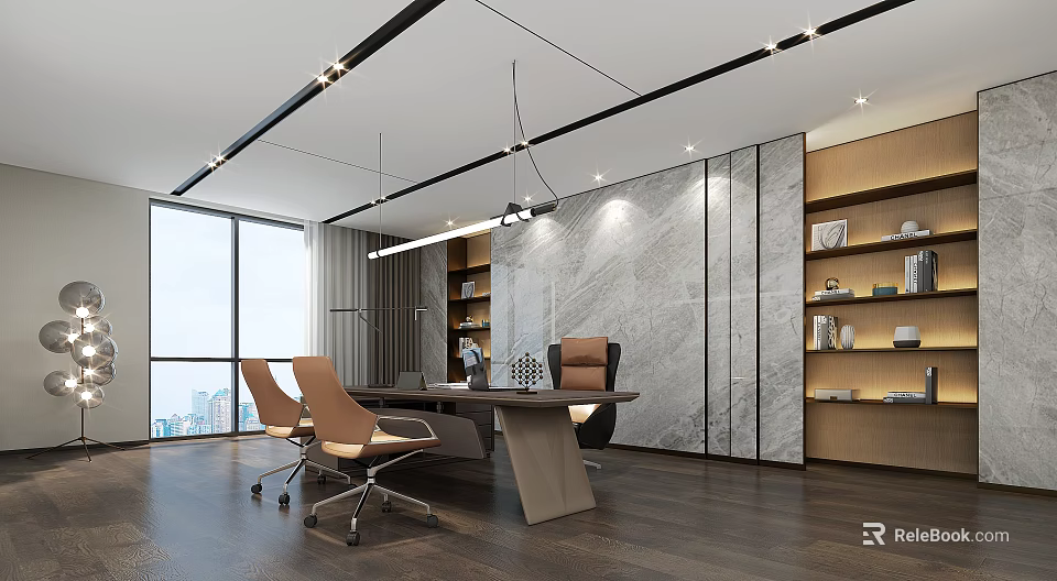 Modern Office Interior Design With Large Windows Wooden Floors And Marble Walls 3d model 