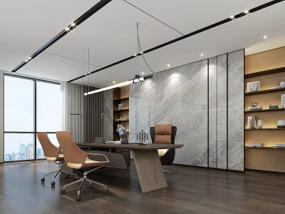 Modern Office Interior Design With Large Windows Wooden Floors And Marble Walls 3d model