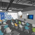 Modern School Classroom Featuring Colorful Chairs White Tables Whiteboard And Large Screen