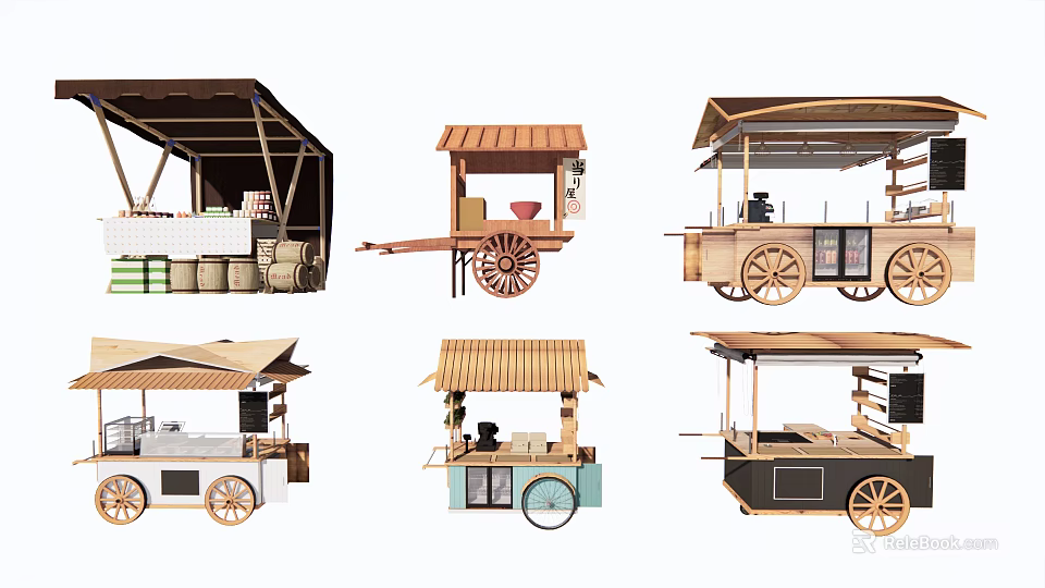 Functional Mobile Carts With Various Designs Wooden Structures Awnings And Wheels For Selling Goods 3d model 