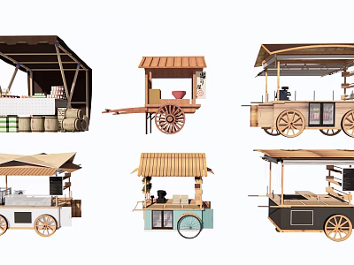 Functional Mobile Carts With Various Designs Wooden Structures Awnings And Wheels For Selling Goods 3d model