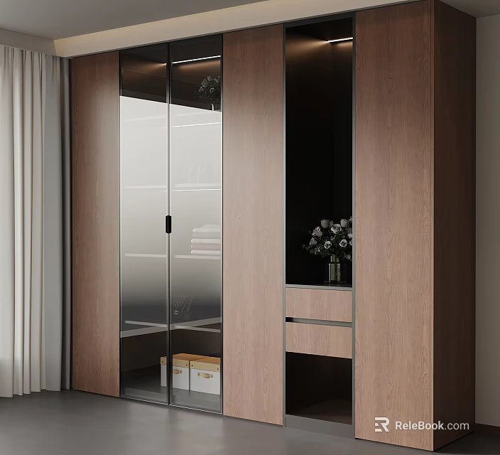 Modern Wooden Wardrobe With Glass Doors Shelves Drawers And Decorative Vase 3d model 