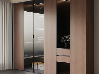Modern Wooden Wardrobe With Glass Doors Shelves Drawers And Decorative Vase 3d model