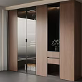 Modern Wooden Wardrobe With Glass Doors Shelves Drawers And Decorative Vase
