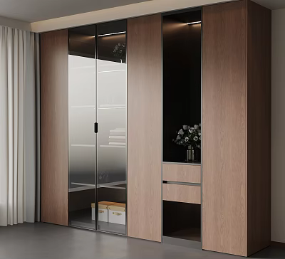 Modern Wooden Wardrobe With Glass Doors Shelves Drawers And Decorative Vase 3d model