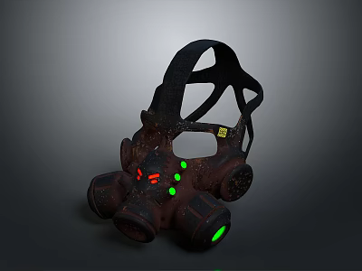 Tactical Weapon Gas Mask With Rusty Exterior Green Red Glowing Dots And Black Straps 3d model