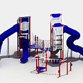 Outdoor Playground Equipment With Blue Slides Red White Structures And Climbing Elements 3d model