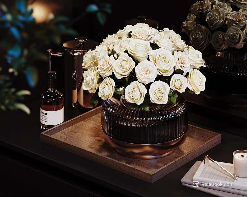 Decorative Ornament Set with White Roses Black Vase Wooden Tray Perfume Bottle and Candle 3d model 