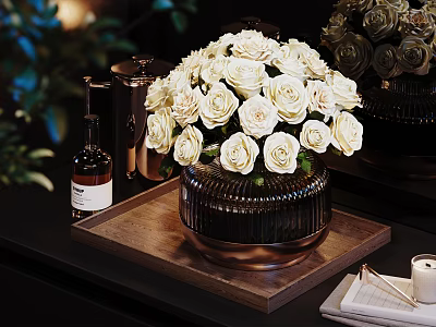 Decorative Ornament Set with White Roses Black Vase Wooden Tray Perfume Bottle and Candle 3d model